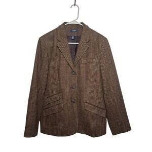 Chaps Women's Tweed Brown Plaid Wool Blend 3-Button Blazer Jacket Size 14